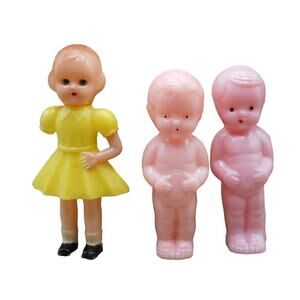 Vintage Celluloid Carnival Prize Toy Doll Lot: Girl in Yellow Dress & 2 Babies